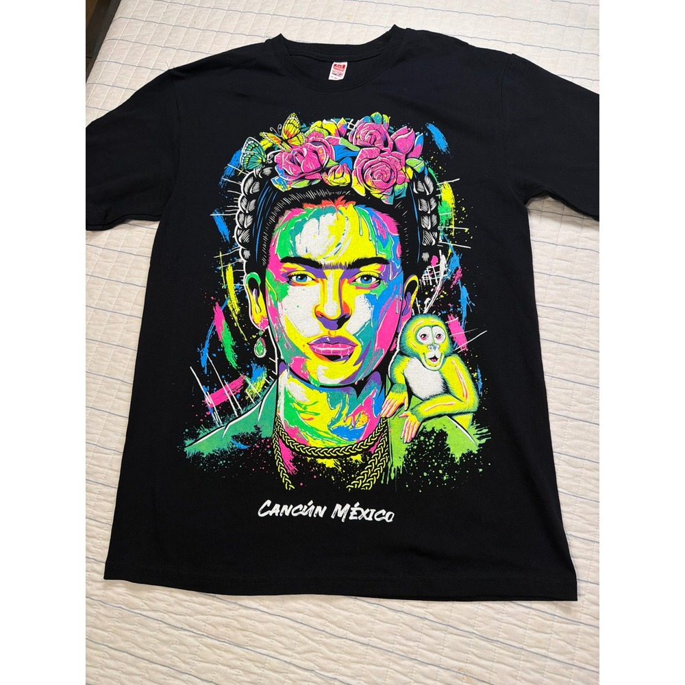 Frida Kahlo Cancun Mexico Graphic T-Shirt Black Neon Pop Art Monkey Mens Medium
